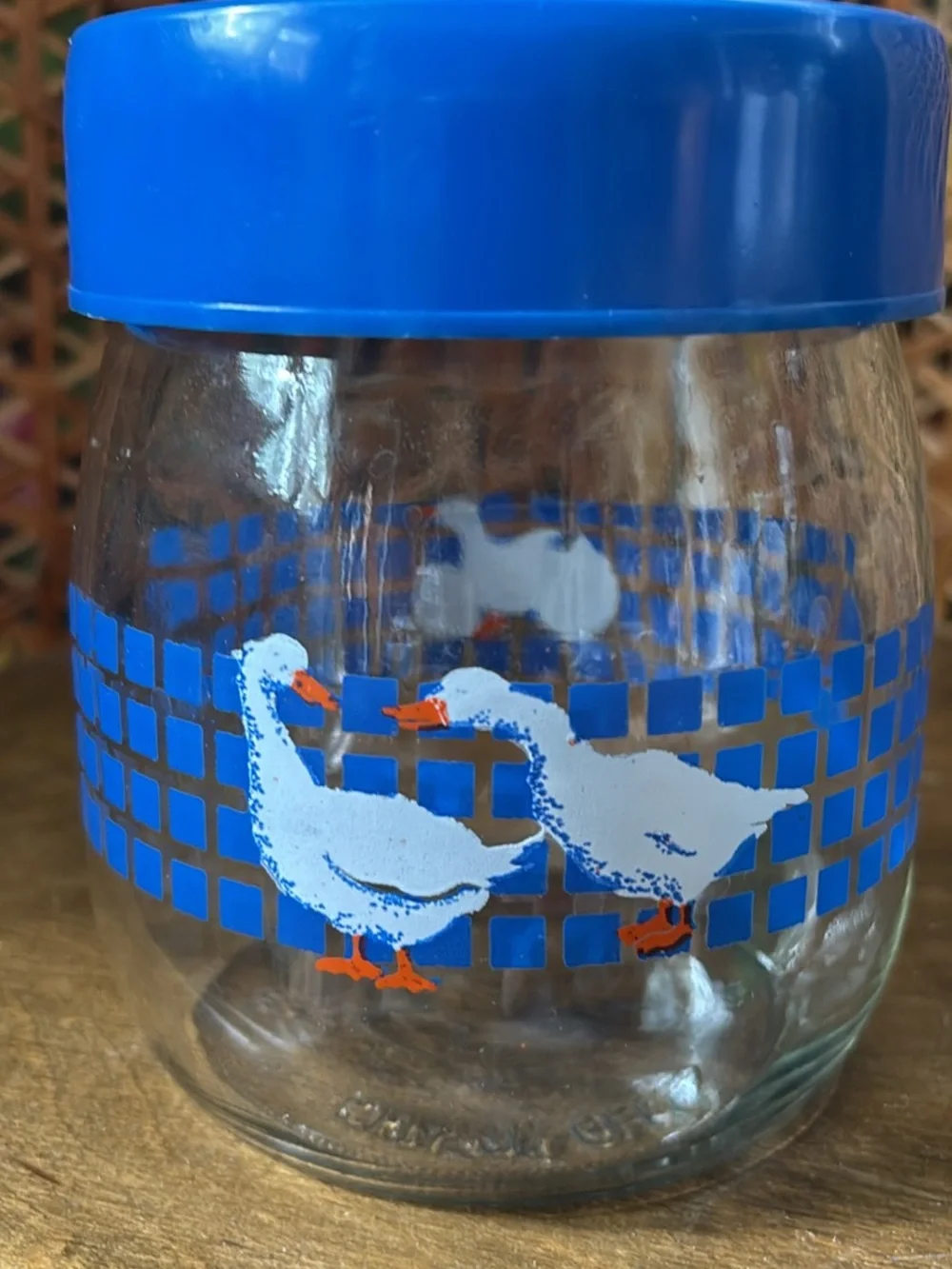 Glass Jar with Blue Lid and Duck Design